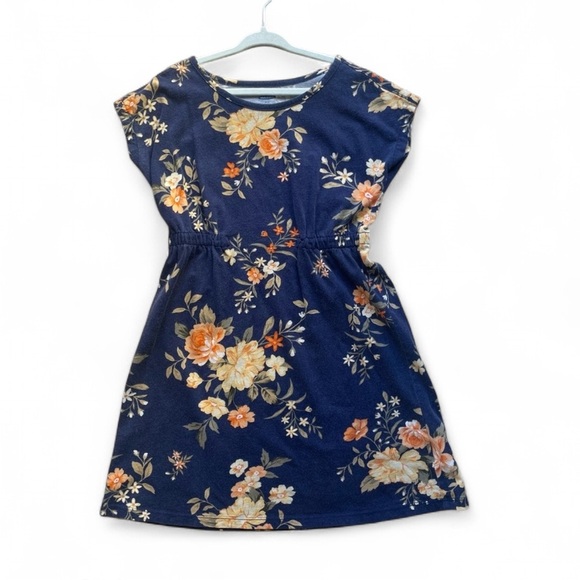 Waist-Defined Navy Floral Patterned T-Shirt Dress for Girls Size M (8) - Picture 1 of 4